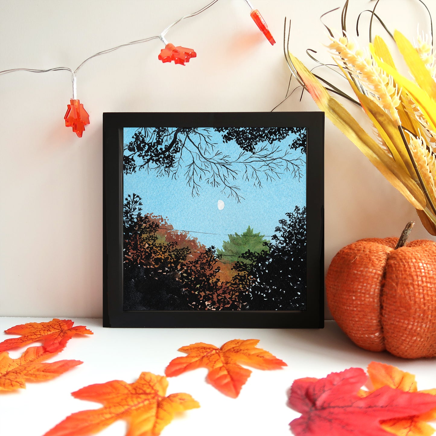 Fall Trees and Moon - Watercolor Sky Art Print