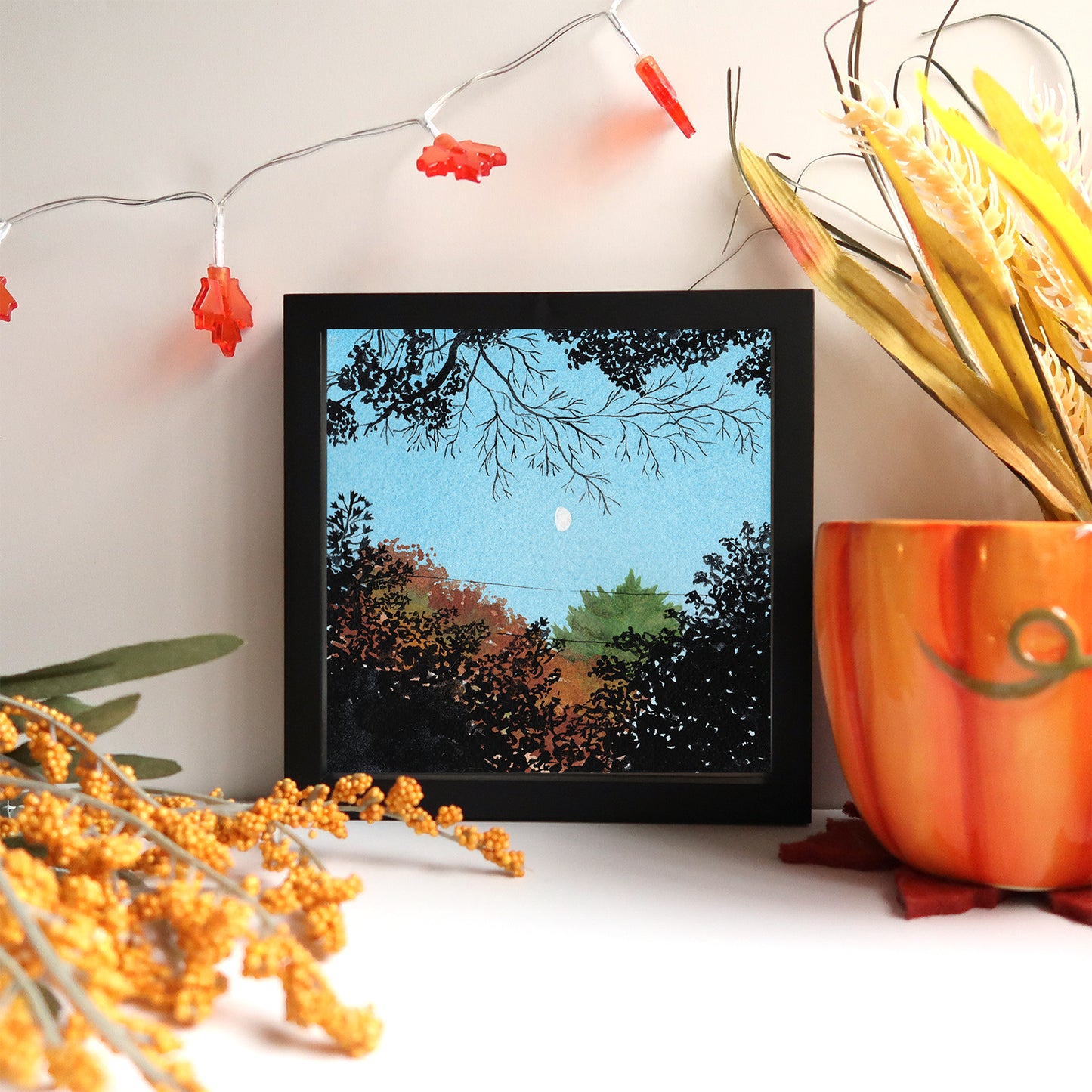 Fall Trees and Moon - Watercolor Sky Art Print