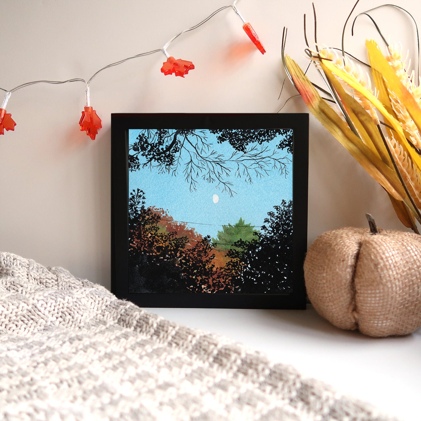 Fall Trees and Moon - Watercolor Sky Art Print