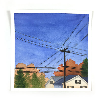 Fall Trees with Powerlines - Original Watercolor Painting Inktober Day 18