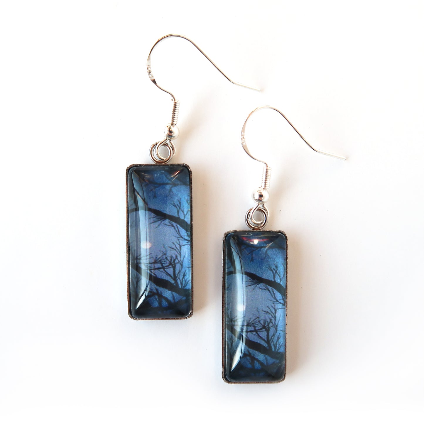 Full Moon Through the Trees Rectangle Dangle Earrings