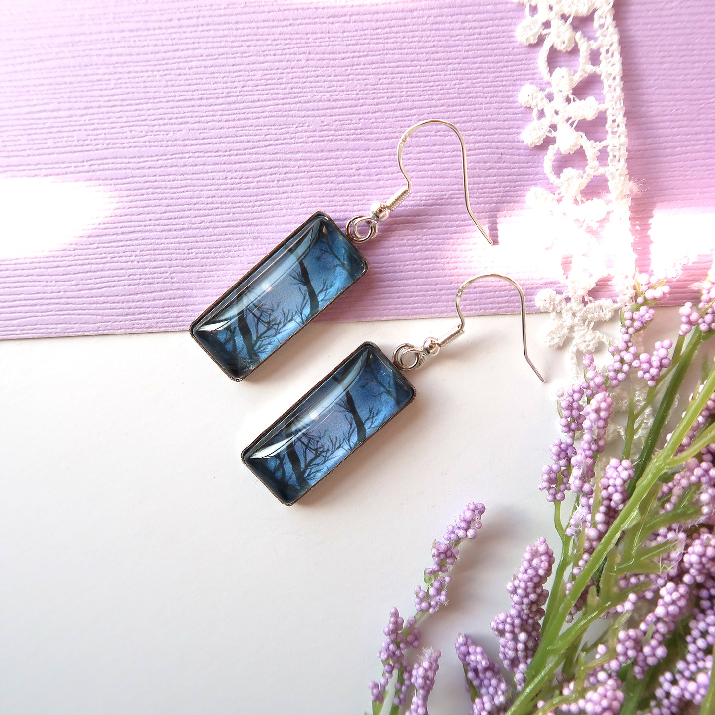 Full Moon Through the Trees Rectangle Dangle Earrings