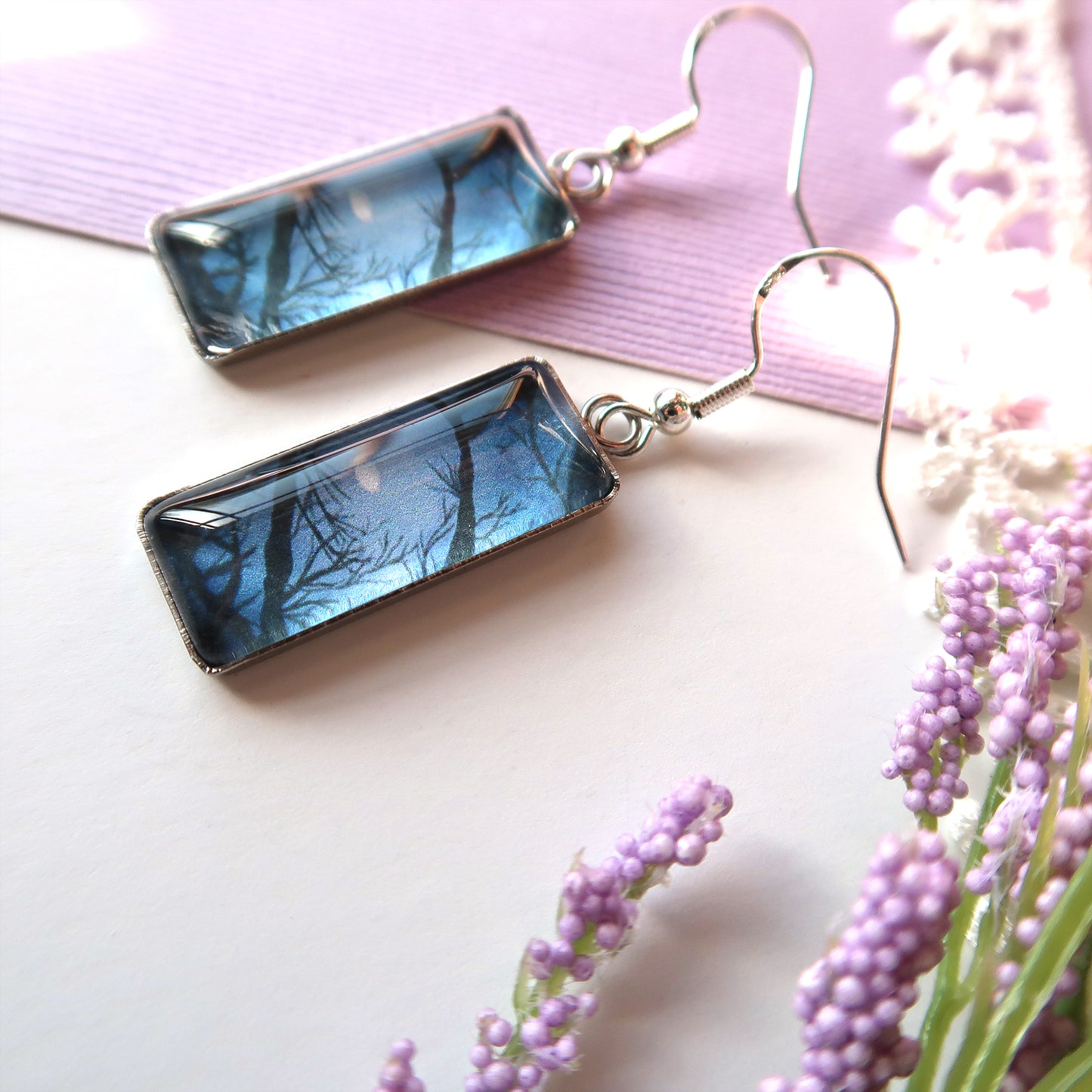 Full Moon Through the Trees Rectangle Dangle Earrings