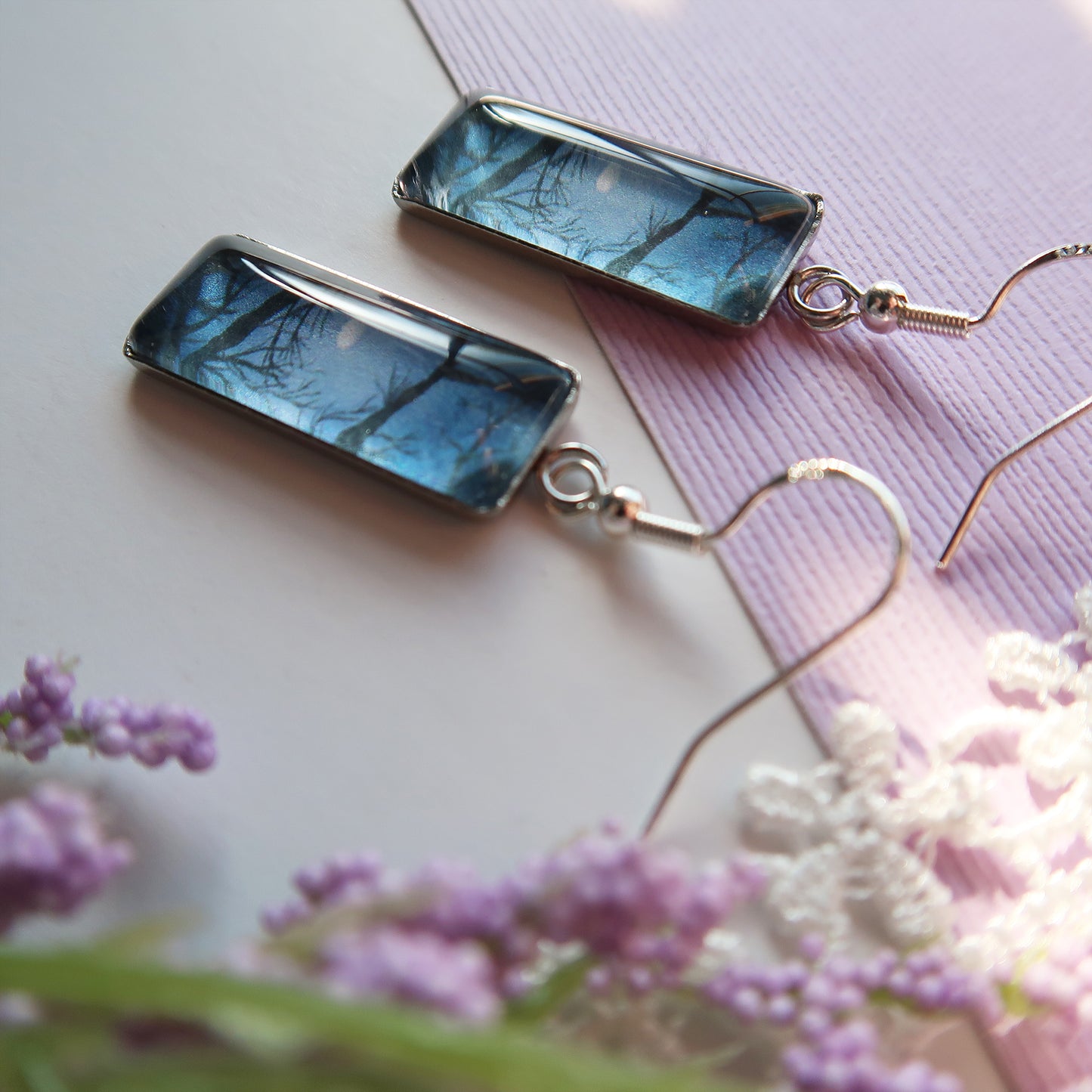 Full Moon Through the Trees Rectangle Dangle Earrings