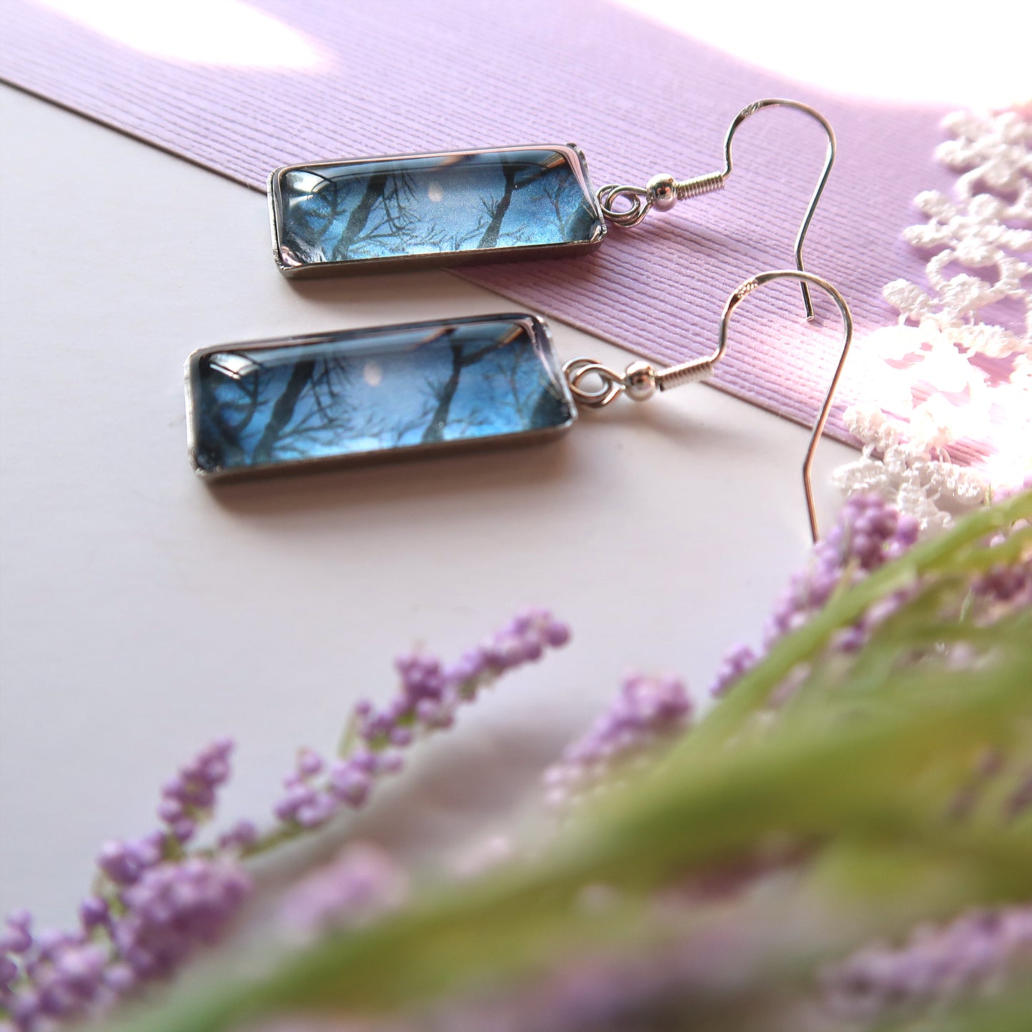 Full Moon Through the Trees Rectangle Dangle Earrings