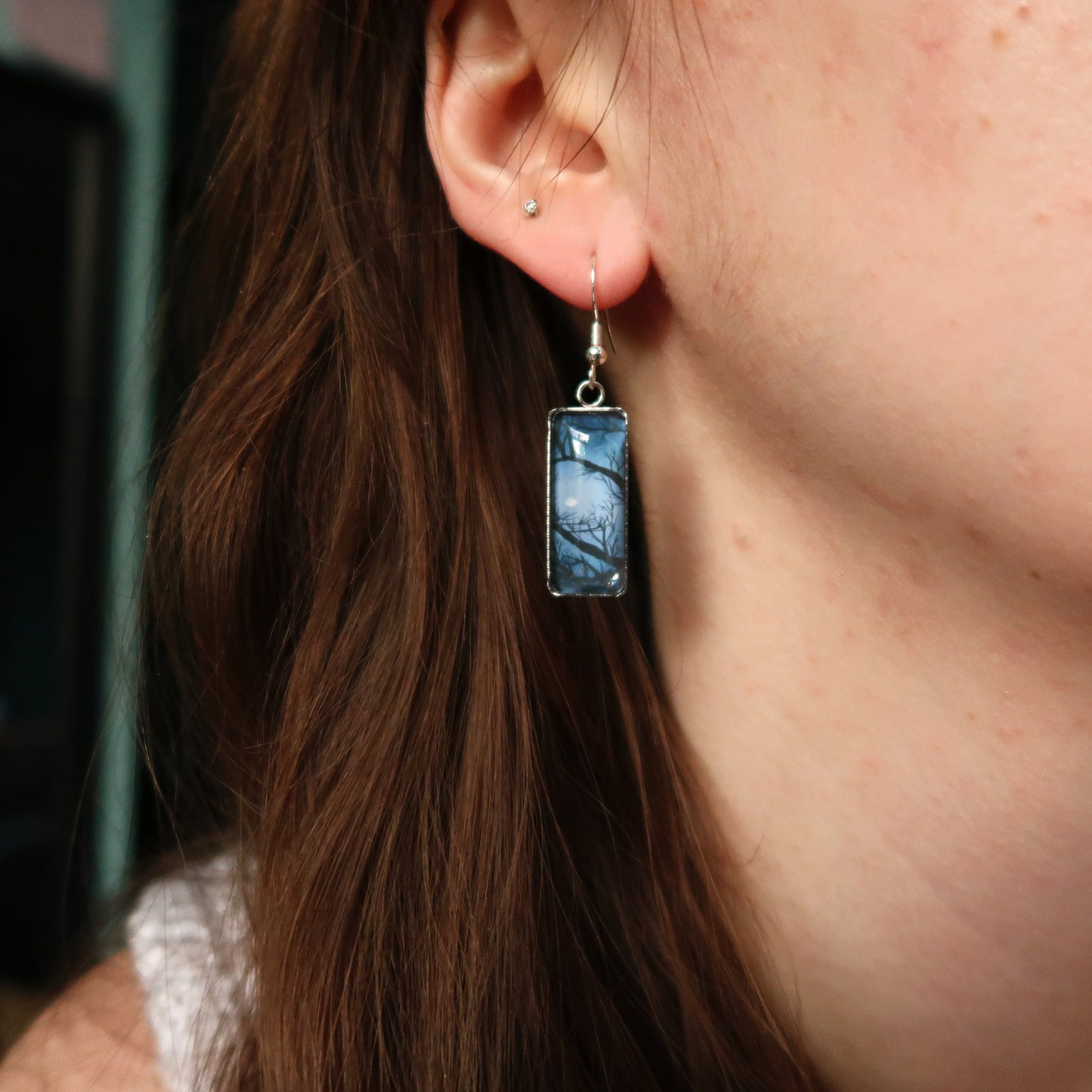 Full Moon Through the Trees Rectangle Dangle Earrings