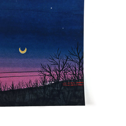 Highway Moon - Watercolor Night Sky Art Print