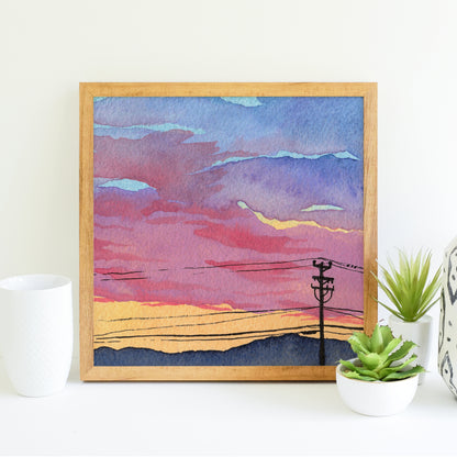 Orange Mountain Sunset - Watercolor Sky Art Print