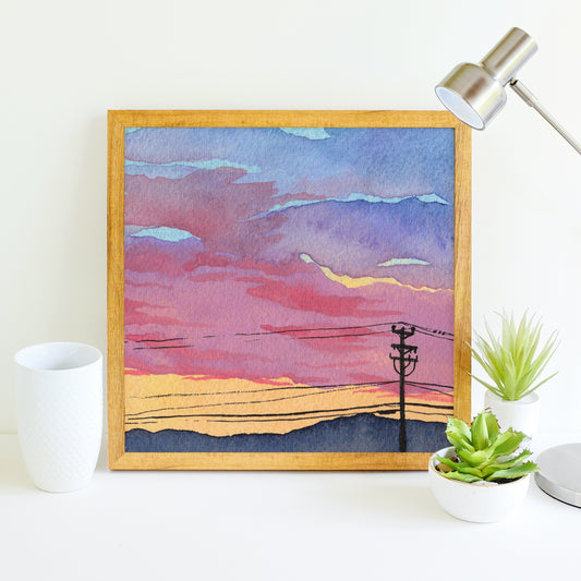 Orange Mountain Sunset - Watercolor Sky Art Print