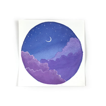 Purple Night Sky with Moon - Original Watercolor Painting Inktober Day 31