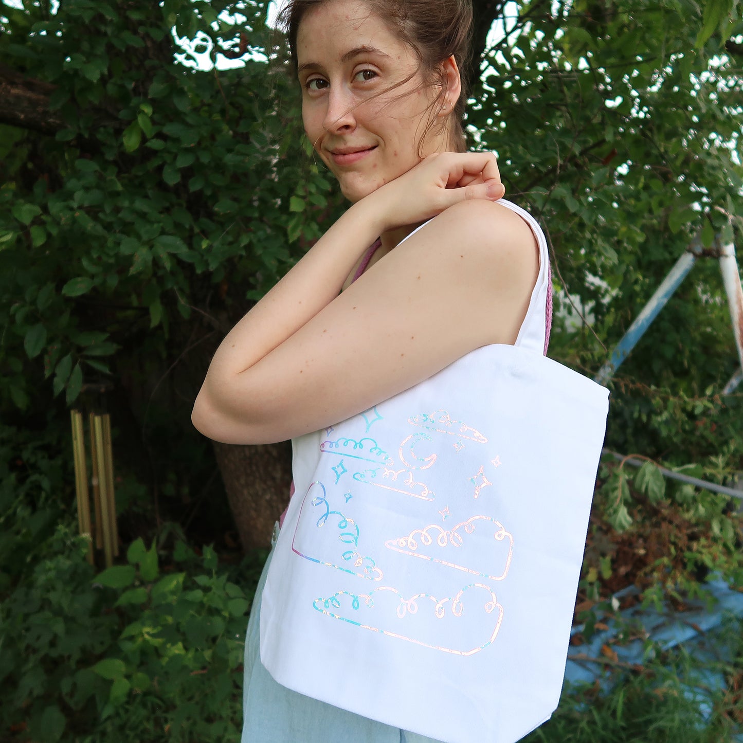 Night Sky Holographic Canvas Tote Bag with Pockets