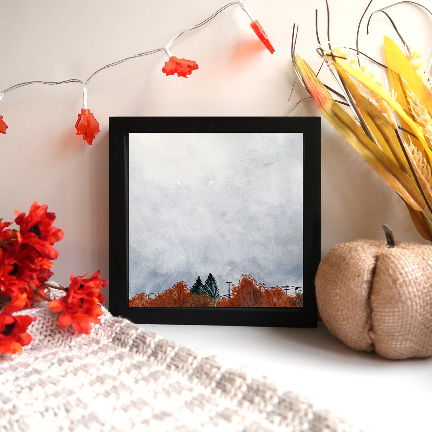 Tiny Fall Orange Skyline - Watercolor Sky Art Print