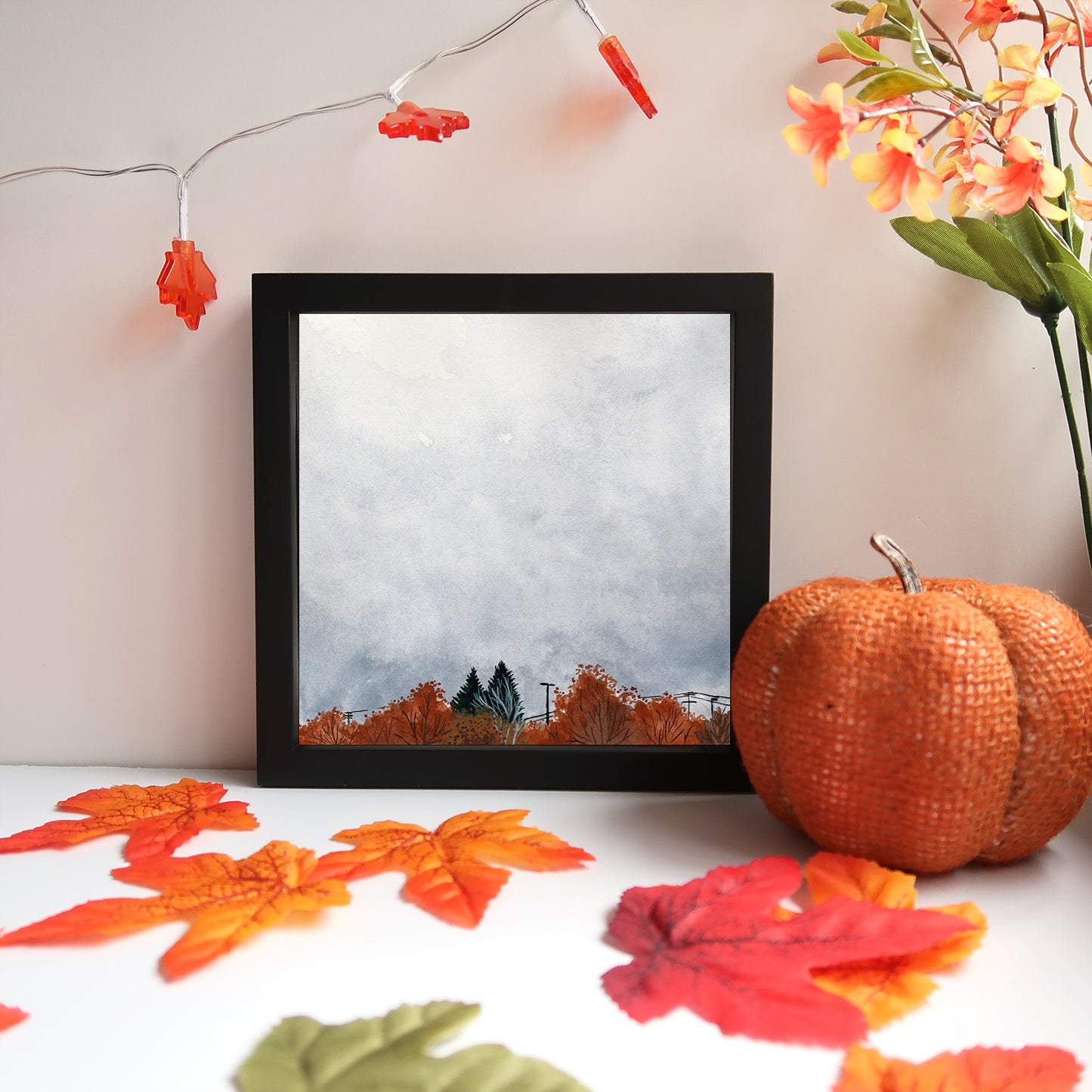 Tiny Fall Orange Skyline - Watercolor Sky Art Print