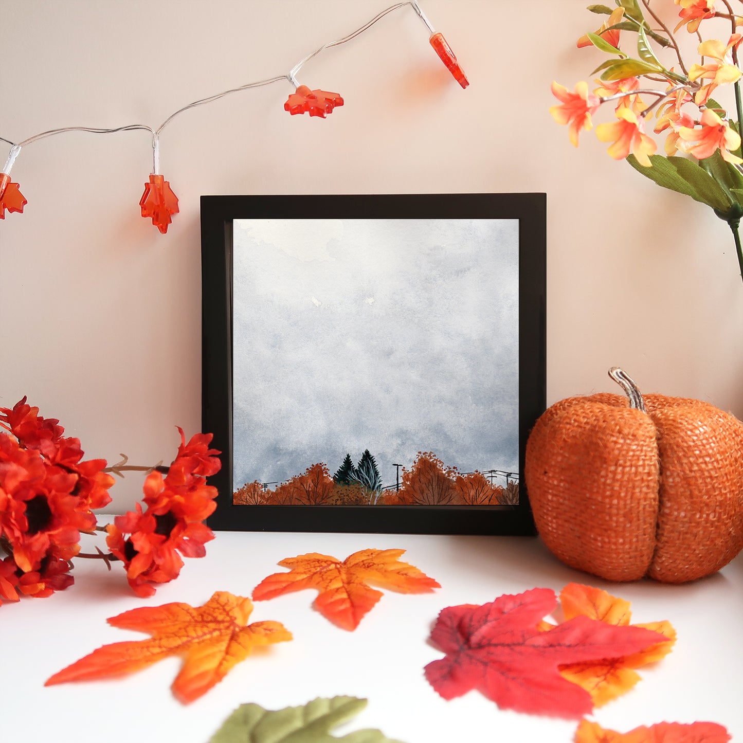 Tiny Fall Orange Skyline - Watercolor Sky Art Print