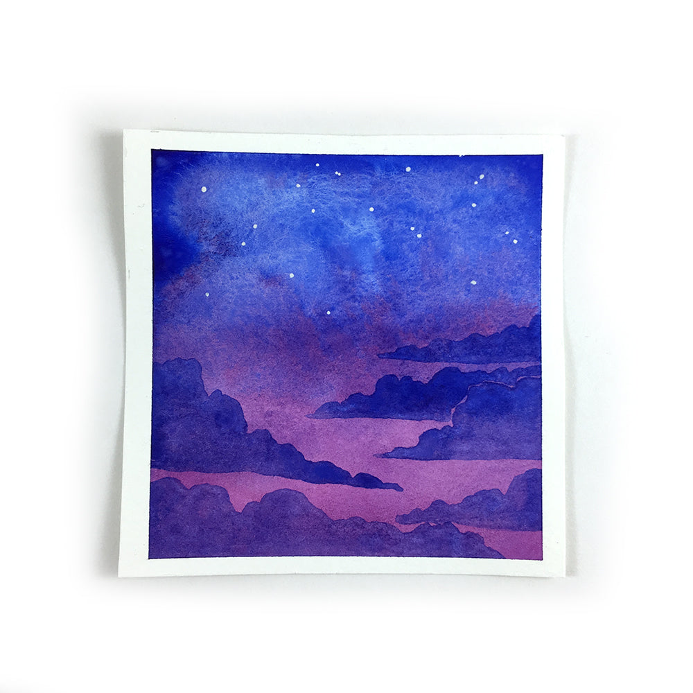 Purple and Blue Twiglight Sky - Original Watercolor Painting Inktober Day 1
