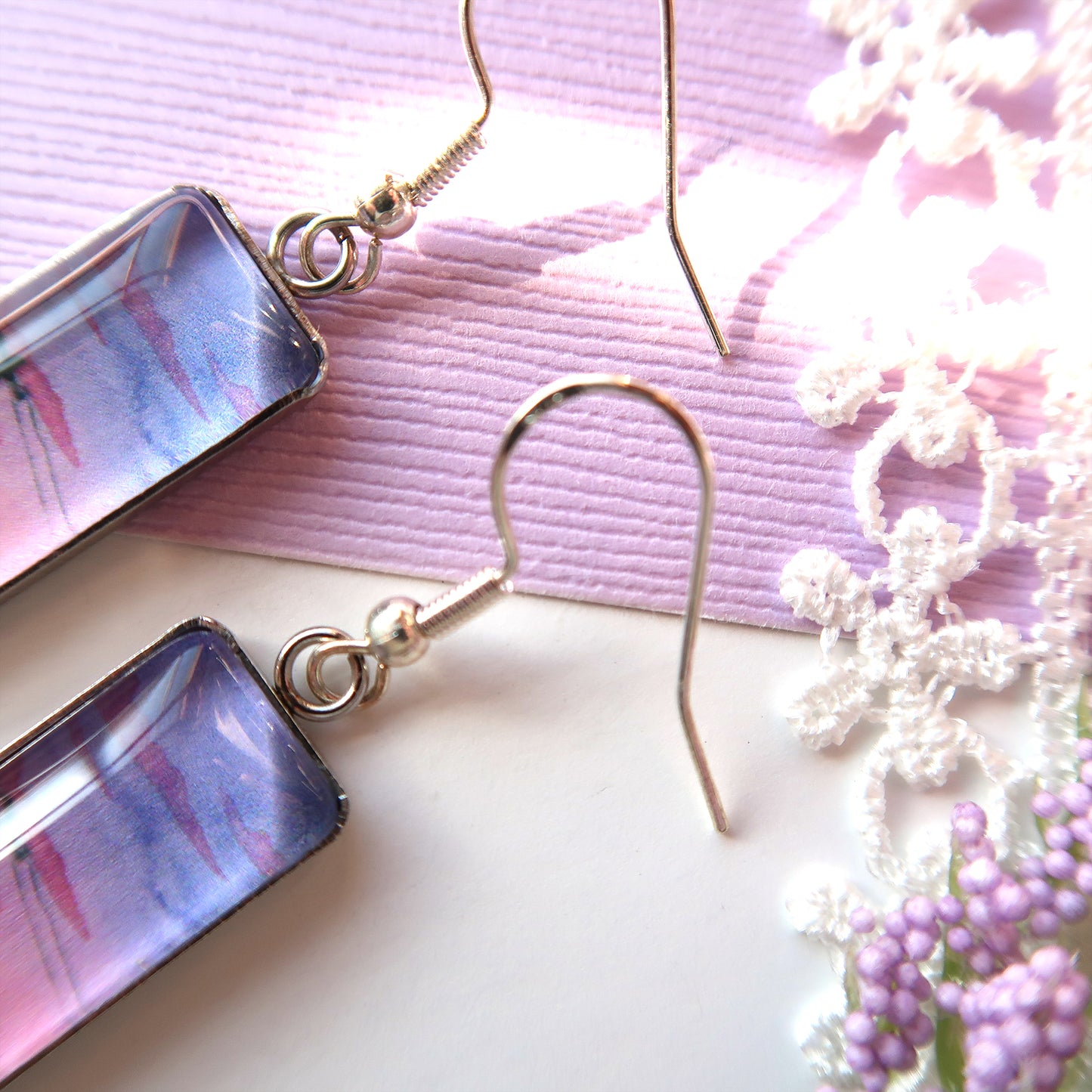 Purple and Pink Sunset Rectangle Dangle Earrings
