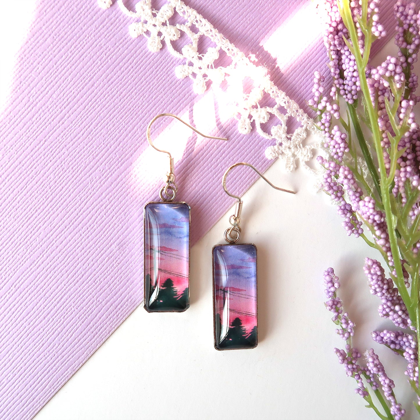 Purple and Pink Sunset Rectangle Dangle Earrings