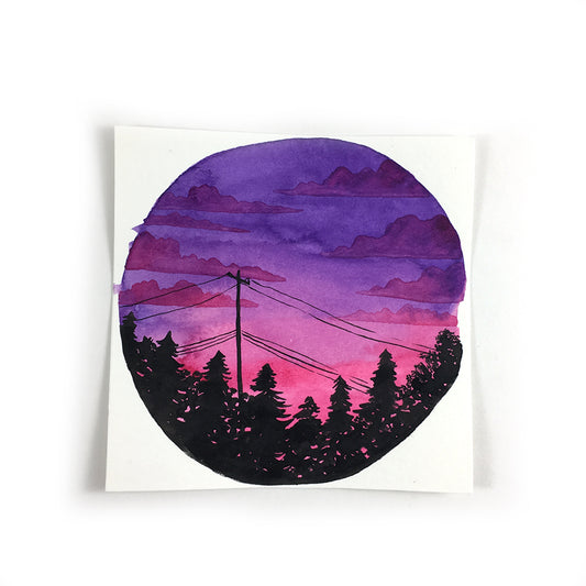 Purple and Pink Sunset Sky - Original Watercolor Painting Inktober Day 2