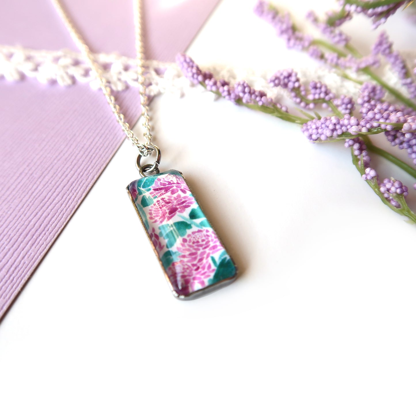 Purple Chrysanthemums Miniature Watercolor Flower Necklace