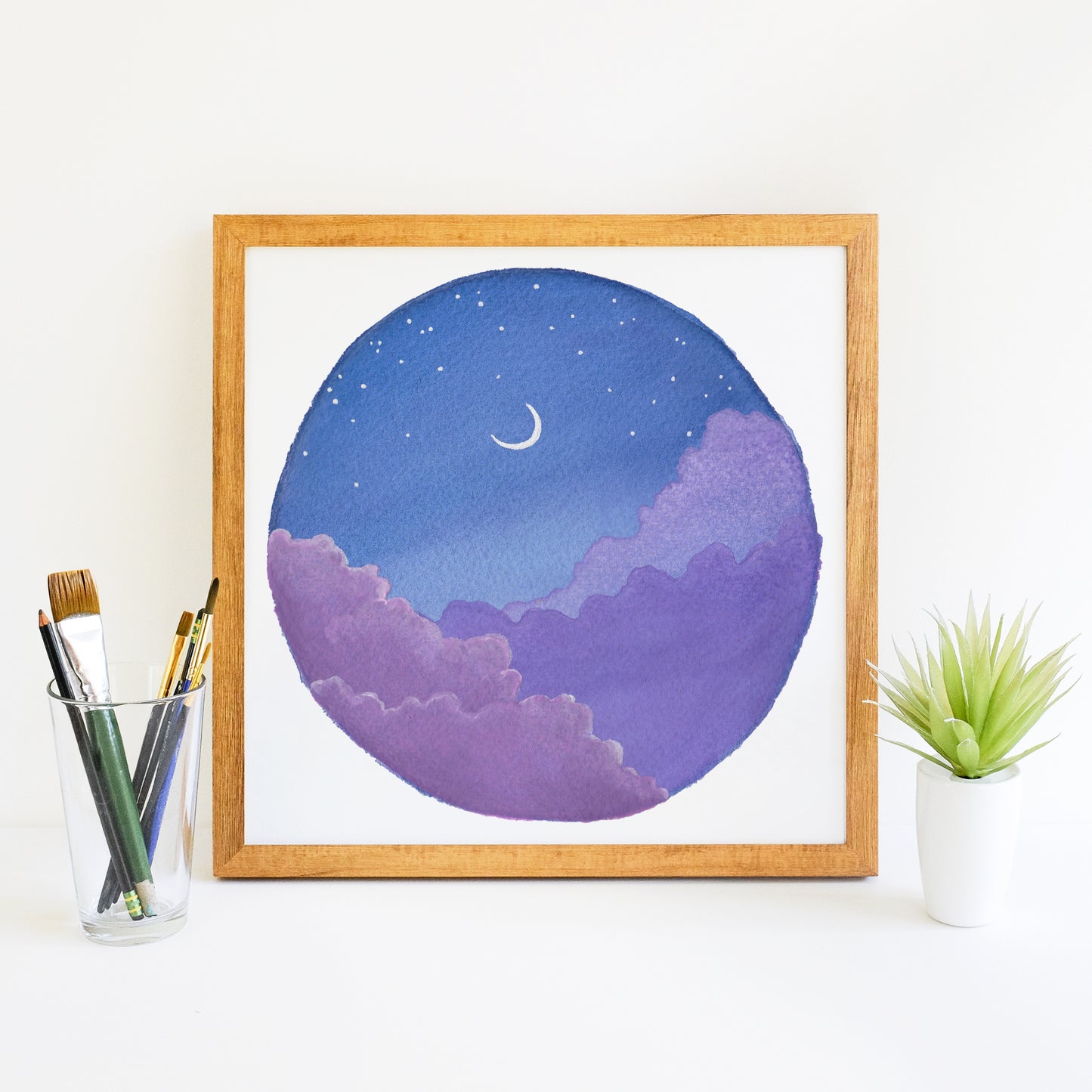 Purple Clouds and Crescent Moon - Watercolor Night Sky Art Print