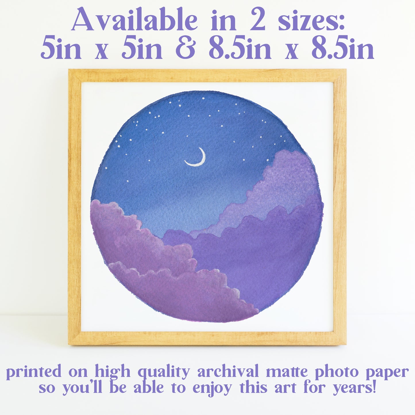 Purple Clouds and Crescent Moon - Watercolor Night Sky Art Print