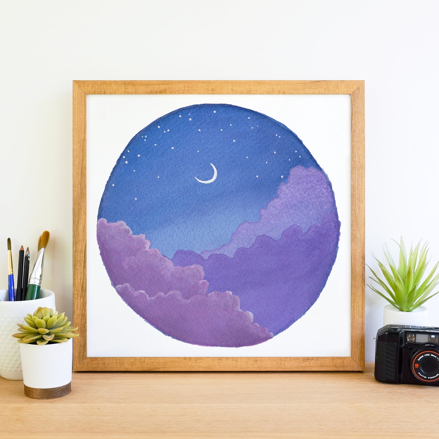 Purple Clouds and Crescent Moon - Watercolor Night Sky Art Print