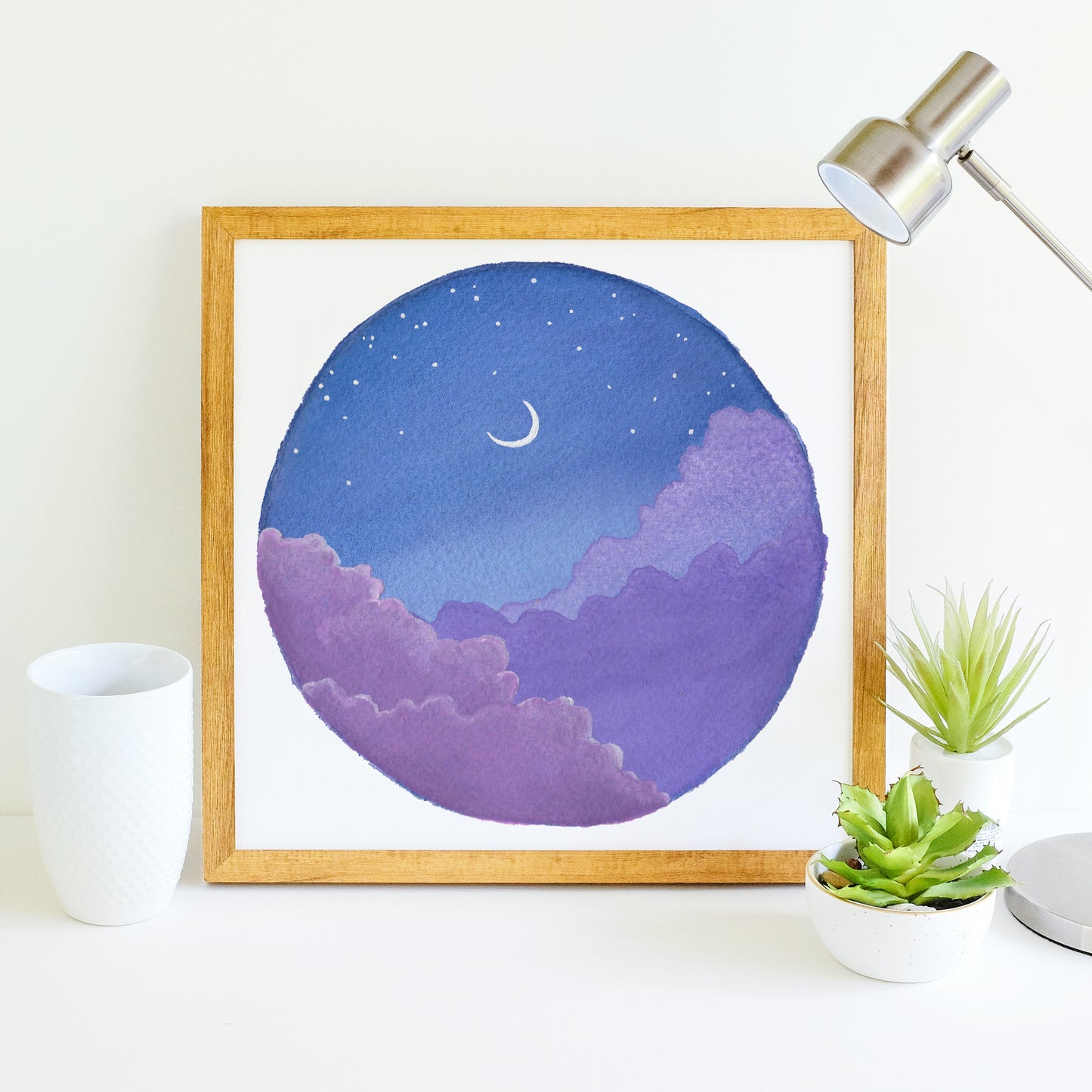 Purple Clouds and Crescent Moon - Watercolor Night Sky Art Print