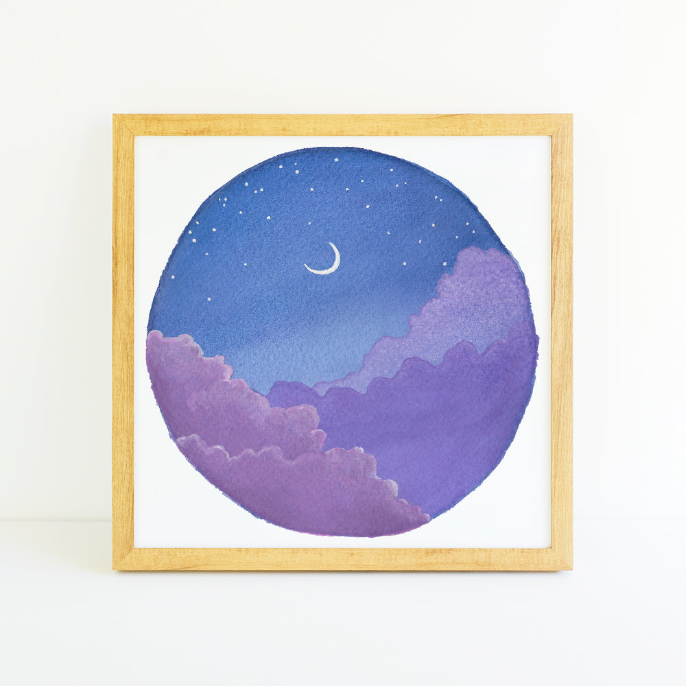 Purple Clouds and Crescent Moon - Watercolor Night Sky Art Print