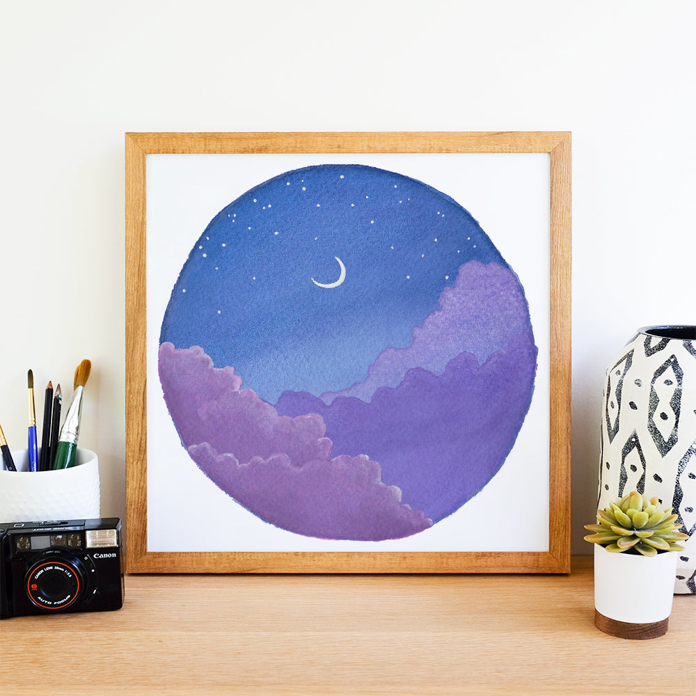 Purple Clouds and Crescent Moon - Watercolor Night Sky Art Print