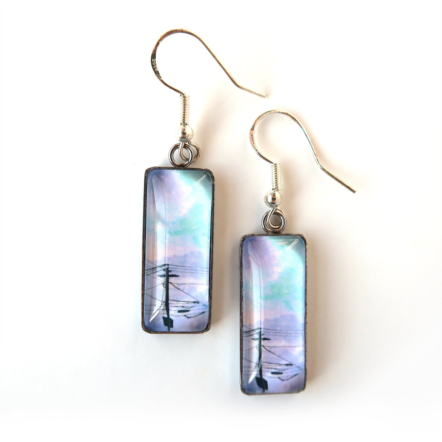 Purple Clouds and Powerlines Rectangle Dangle Earrings