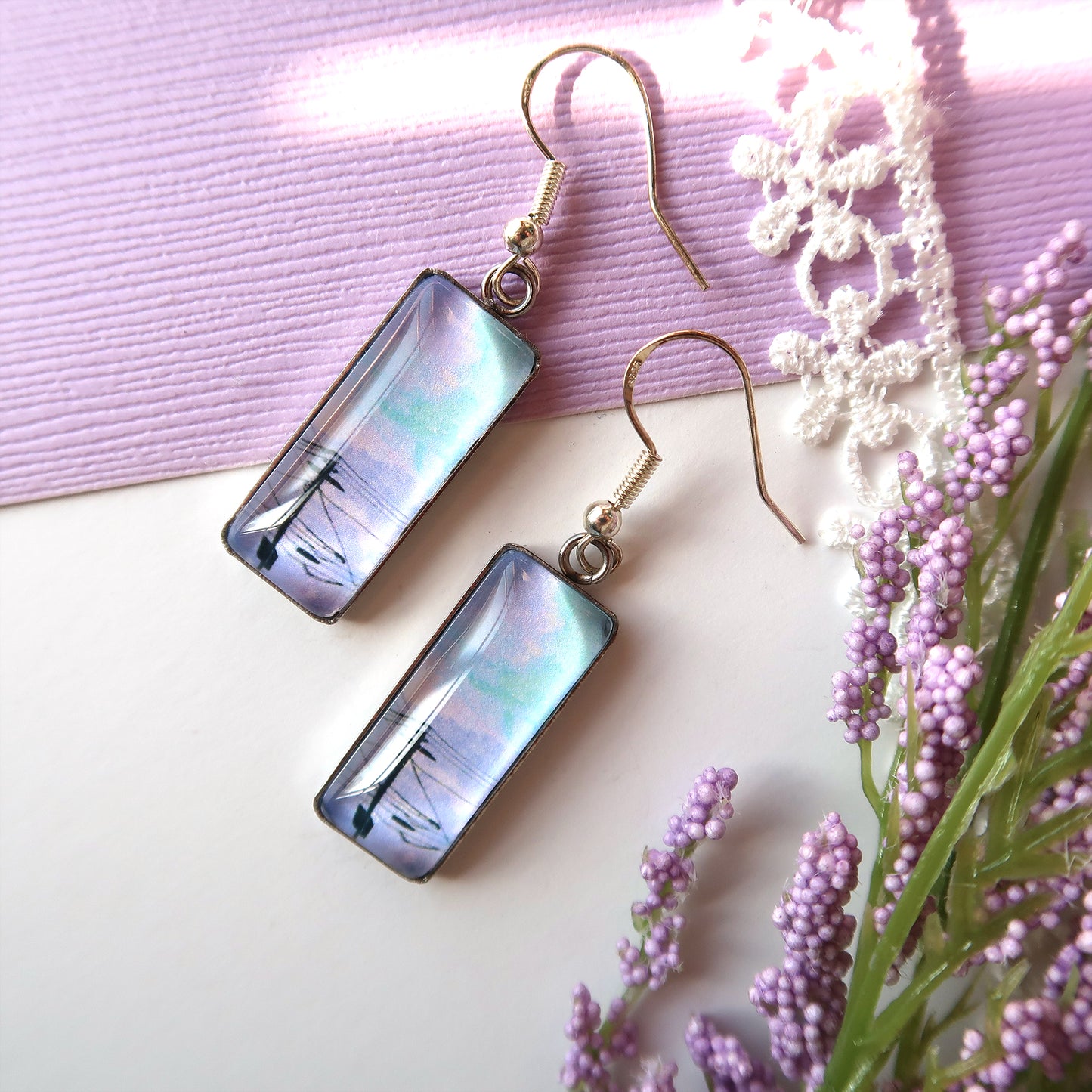 Purple Clouds and Powerlines Rectangle Dangle Earrings