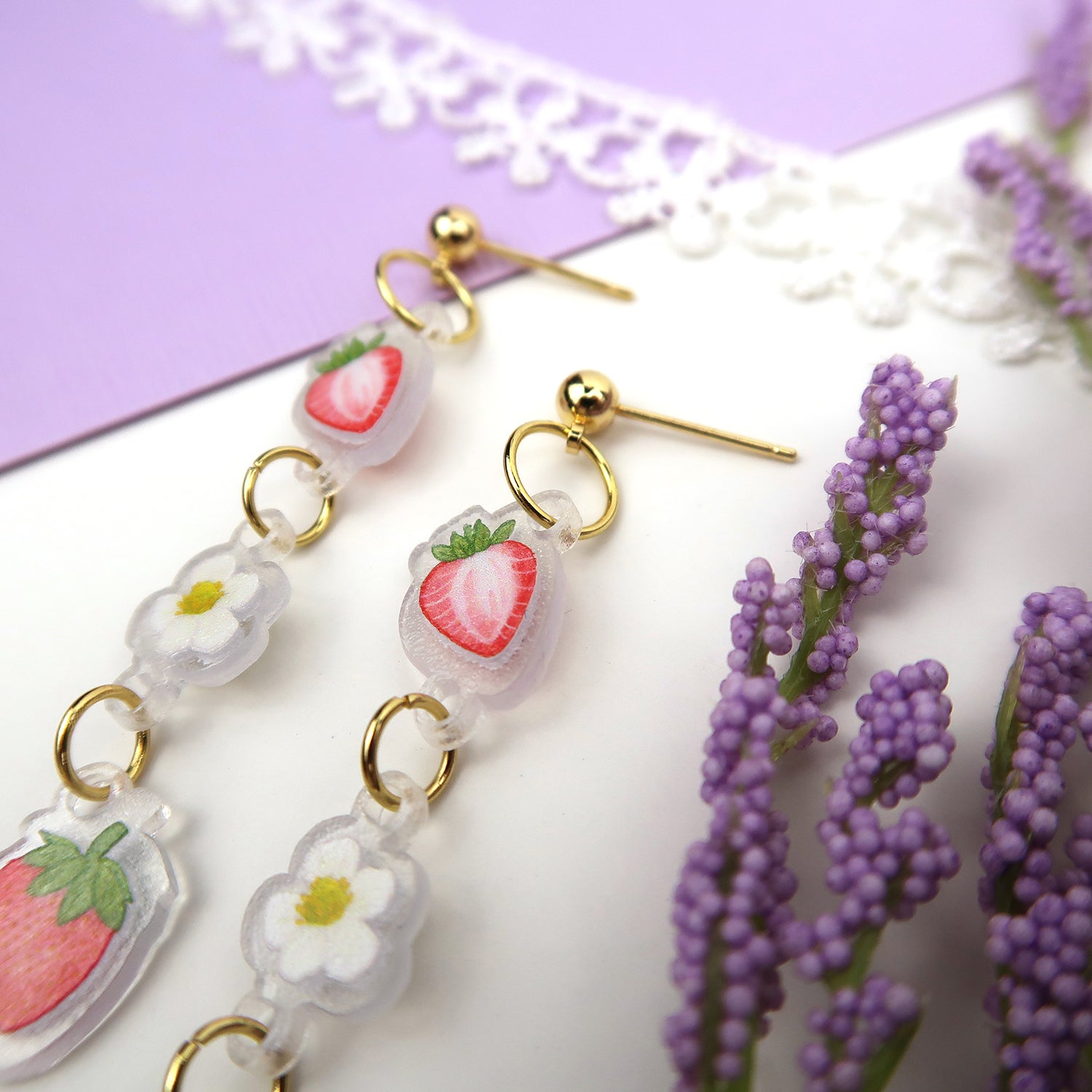 Dainty strawberry earrings, dangle embroidered earrings