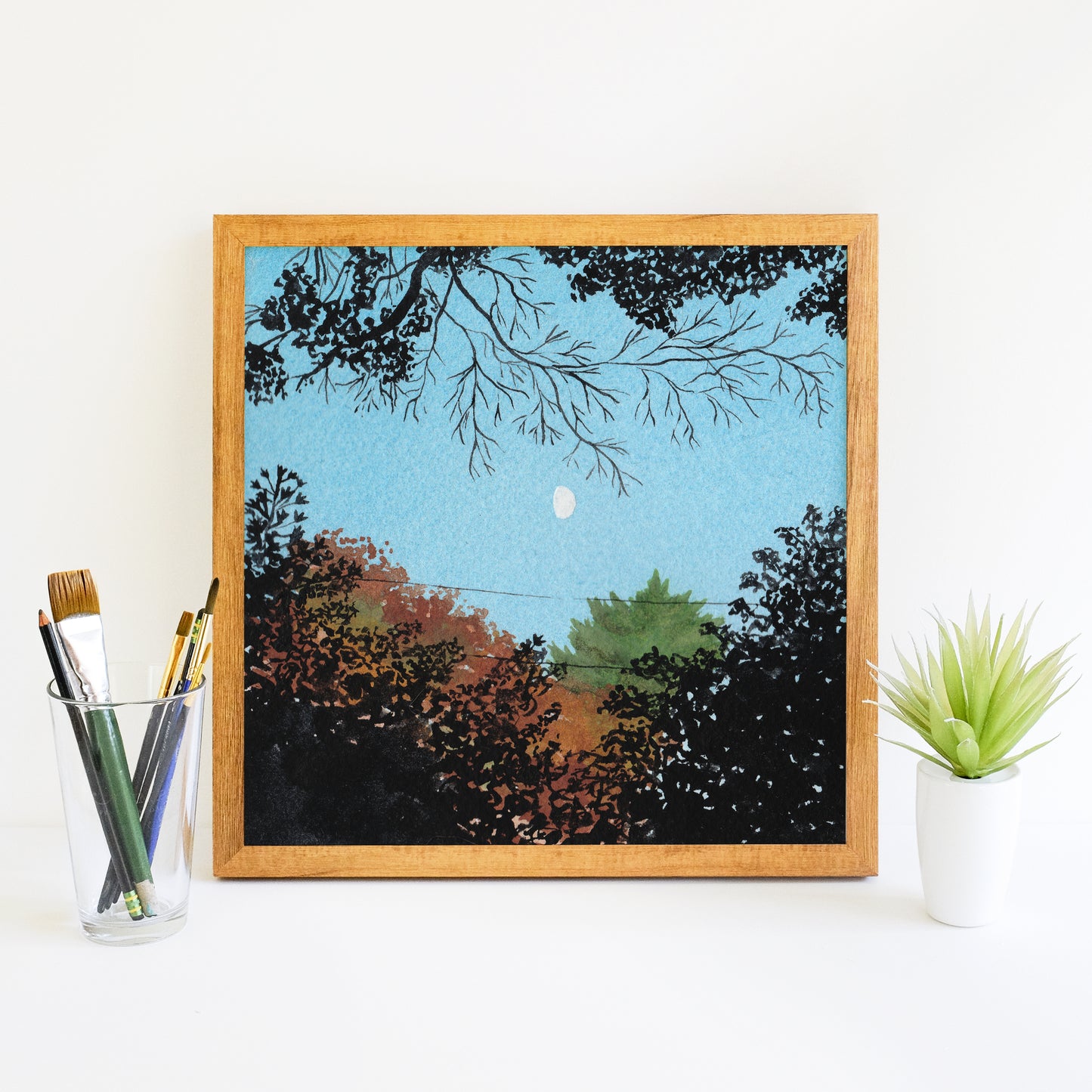 Fall Trees and Moon - Watercolor Sky Art Print