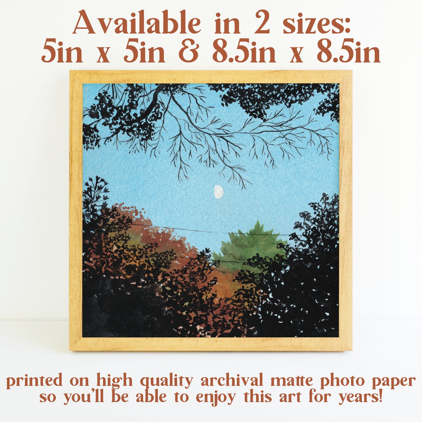 Fall Trees and Moon - Watercolor Sky Art Print