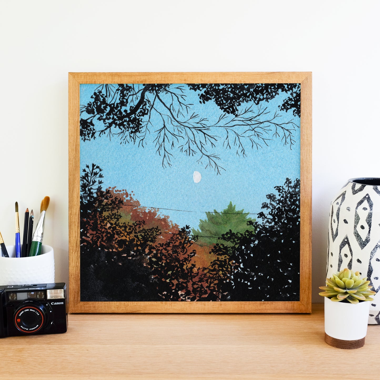 Fall Trees and Moon - Watercolor Sky Art Print