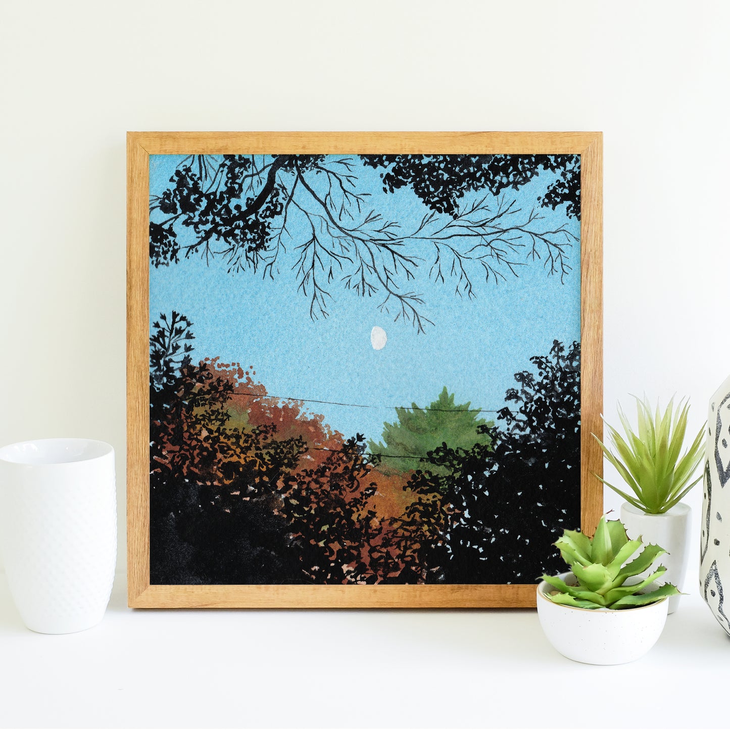 Fall Trees and Moon - Watercolor Sky Art Print