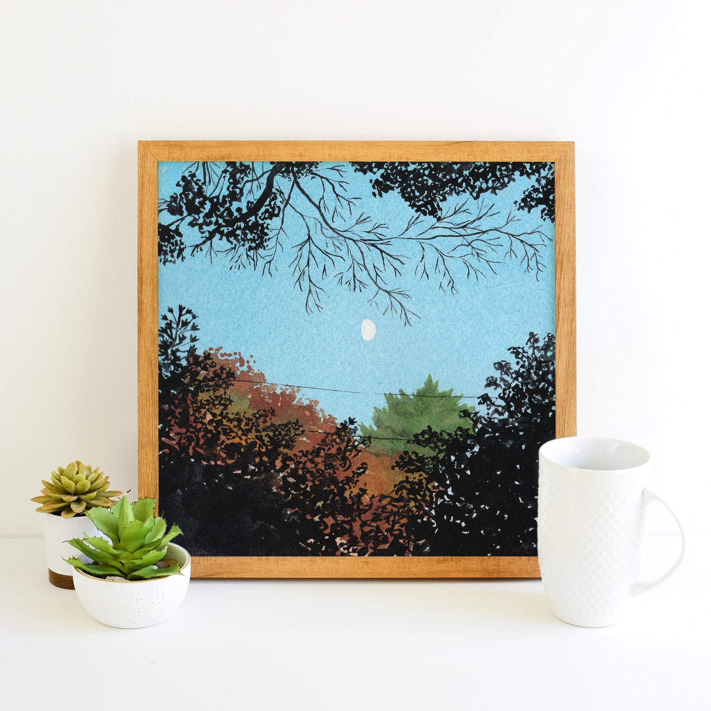 Fall Trees and Moon - Watercolor Sky Art Print