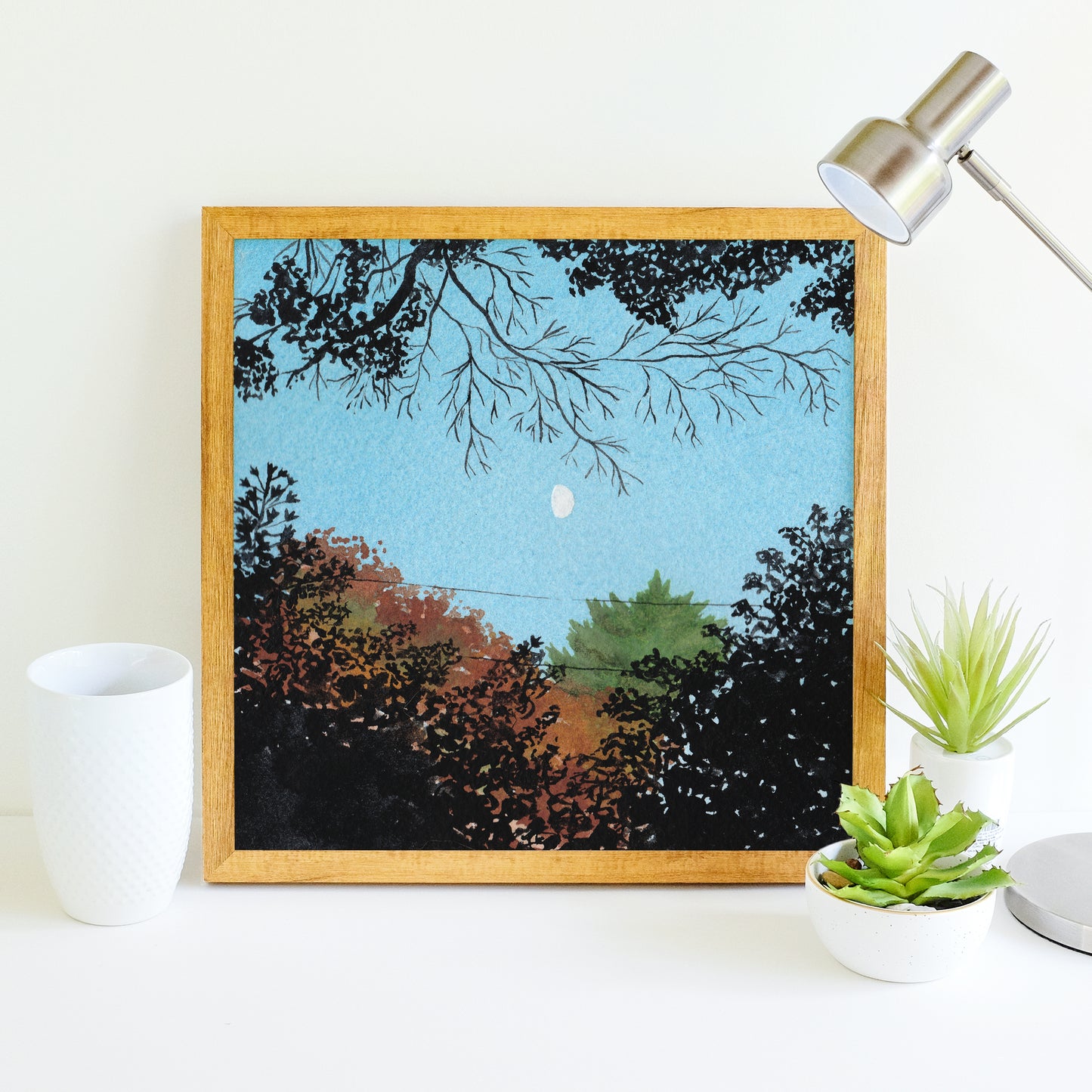 Fall Trees and Moon - Watercolor Sky Art Print