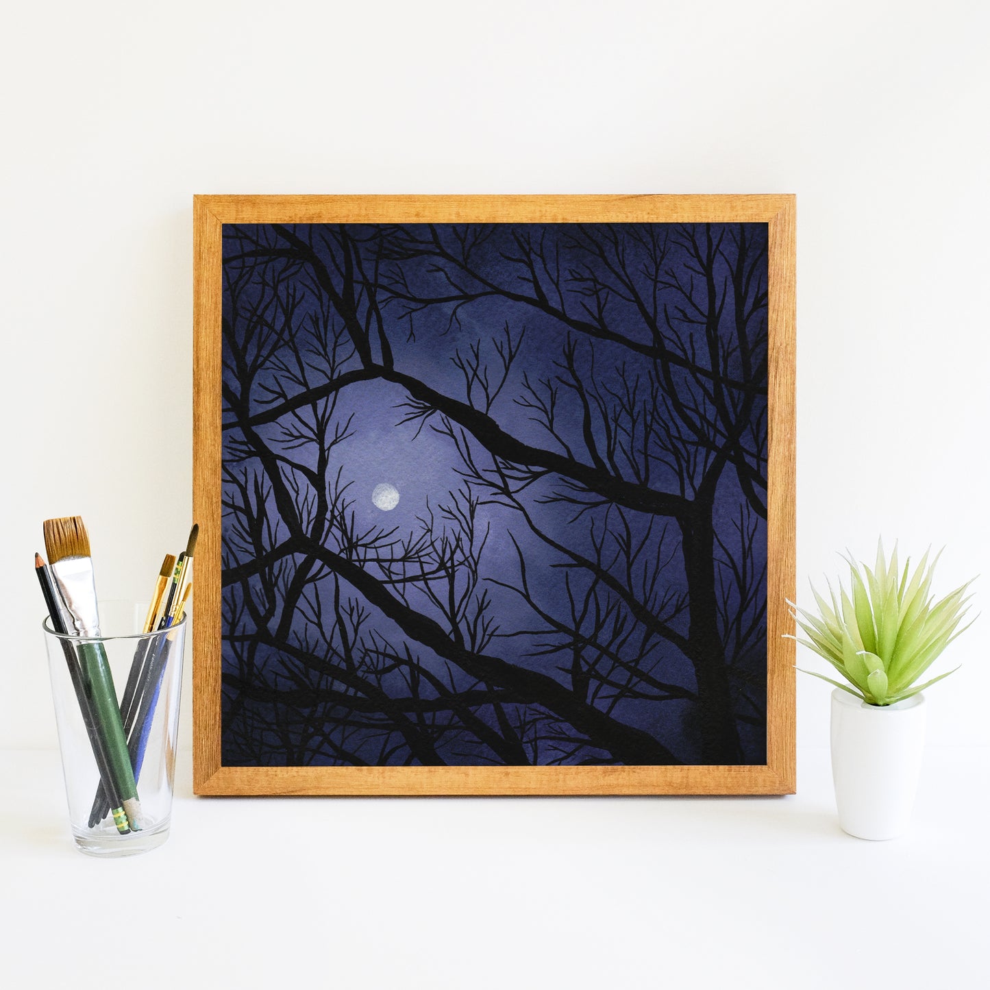 Full Moon Through the Trees - Watercolor Night Sky Art Print