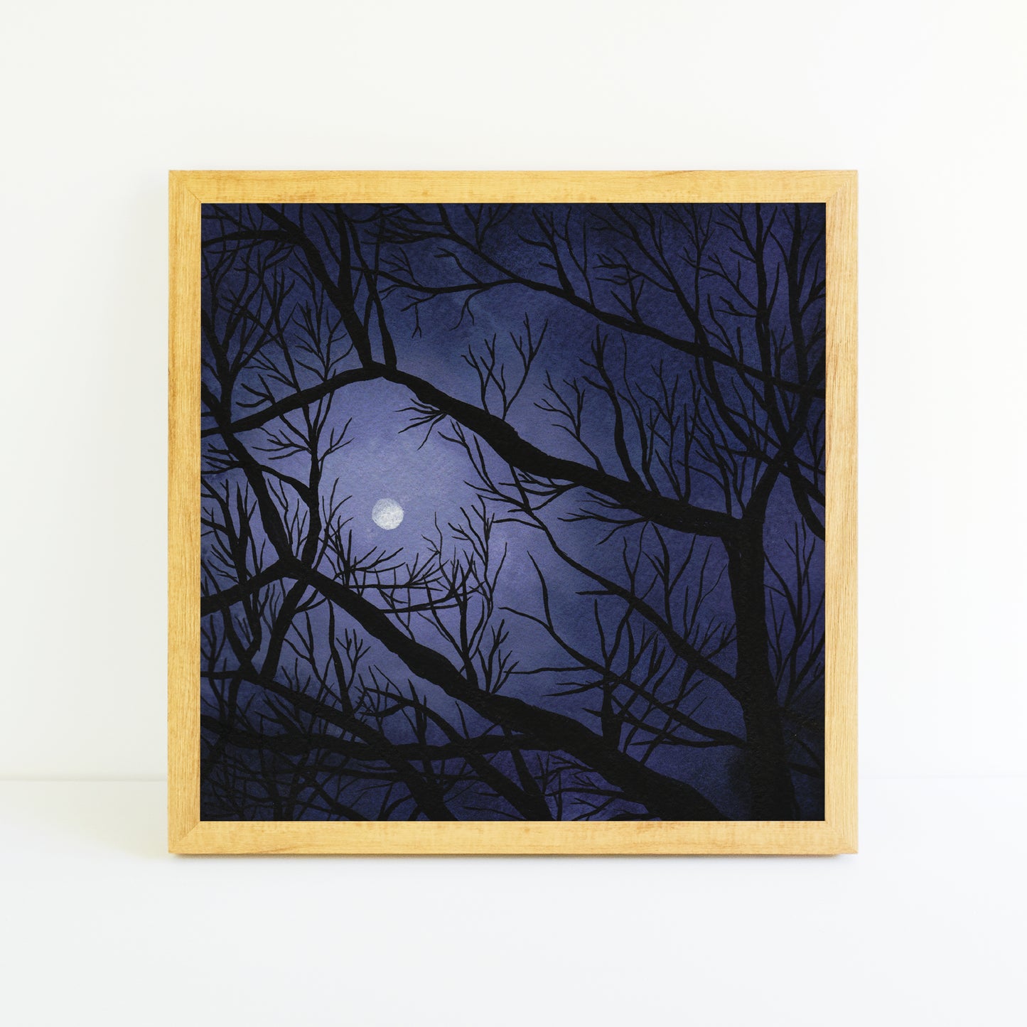 Full Moon Through the Trees - Watercolor Night Sky Art Print