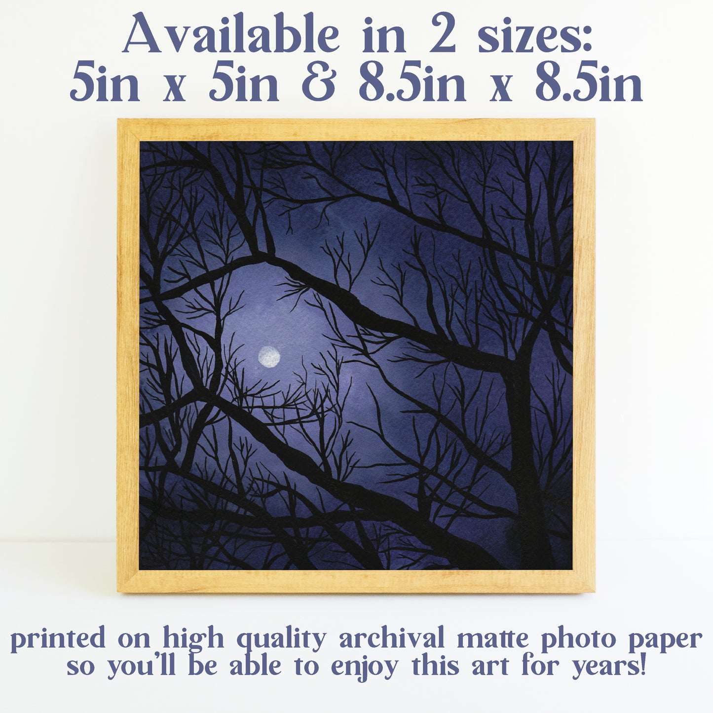 Full Moon Through the Trees - Watercolor Night Sky Art Print