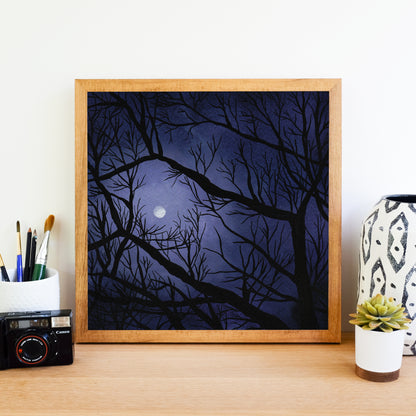 Full Moon Through the Trees - Watercolor Night Sky Art Print