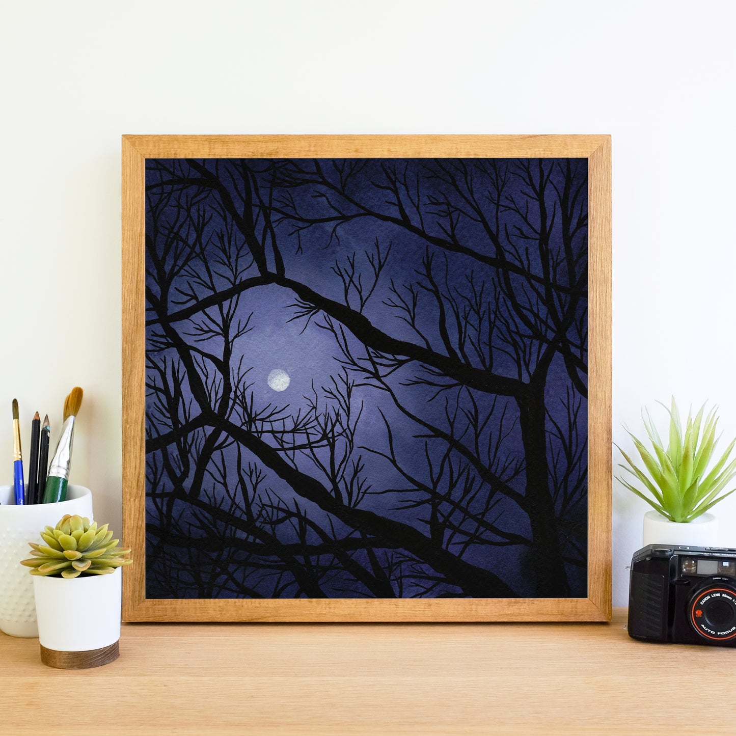 Full Moon Through the Trees - Watercolor Night Sky Art Print