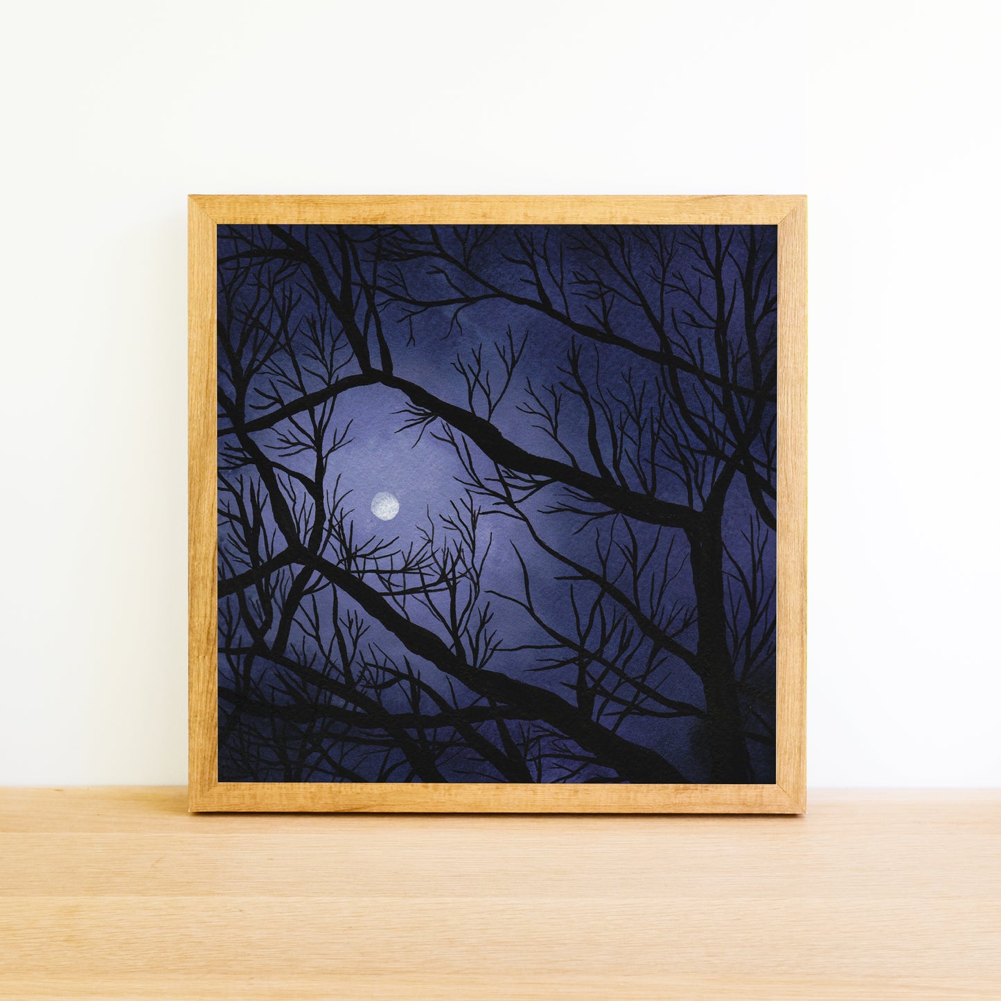 Full Moon Through the Trees - Watercolor Night Sky Art Print