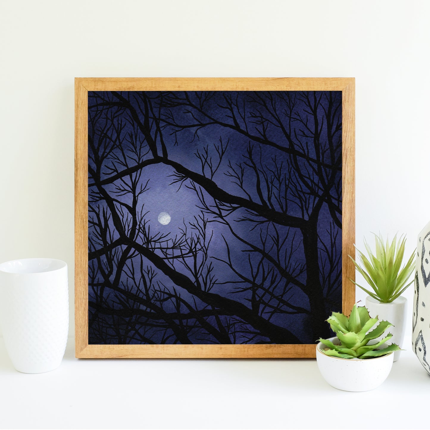 Full Moon Through the Trees - Watercolor Night Sky Art Print