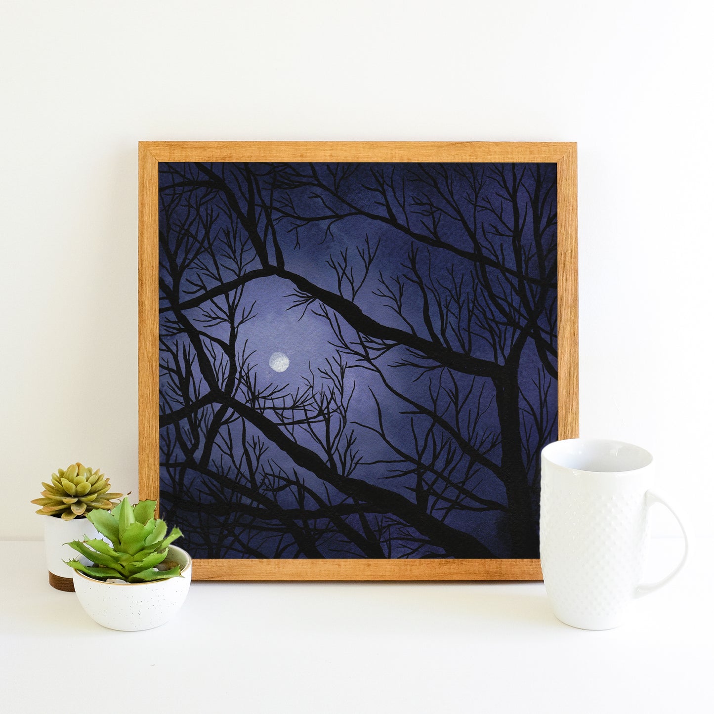 Full Moon Through the Trees - Watercolor Night Sky Art Print