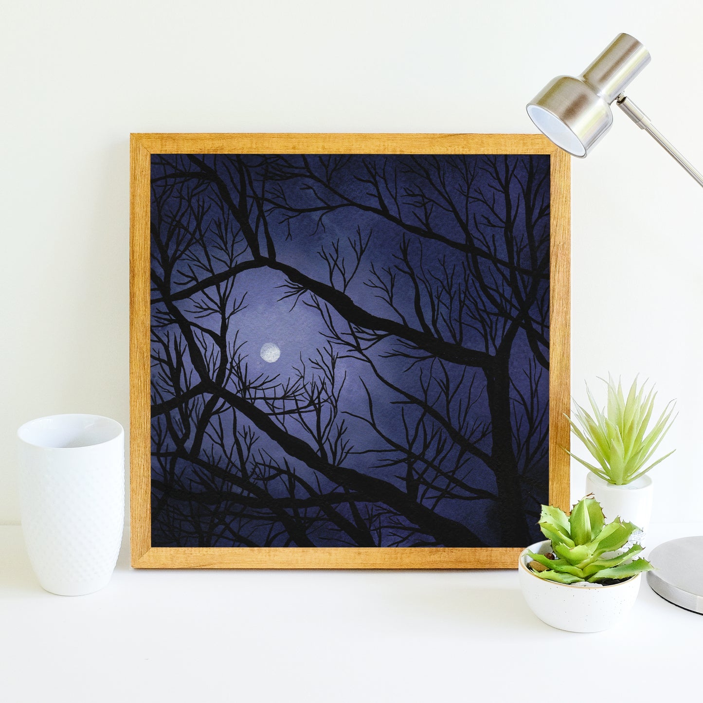 Full Moon Through the Trees - Watercolor Night Sky Art Print